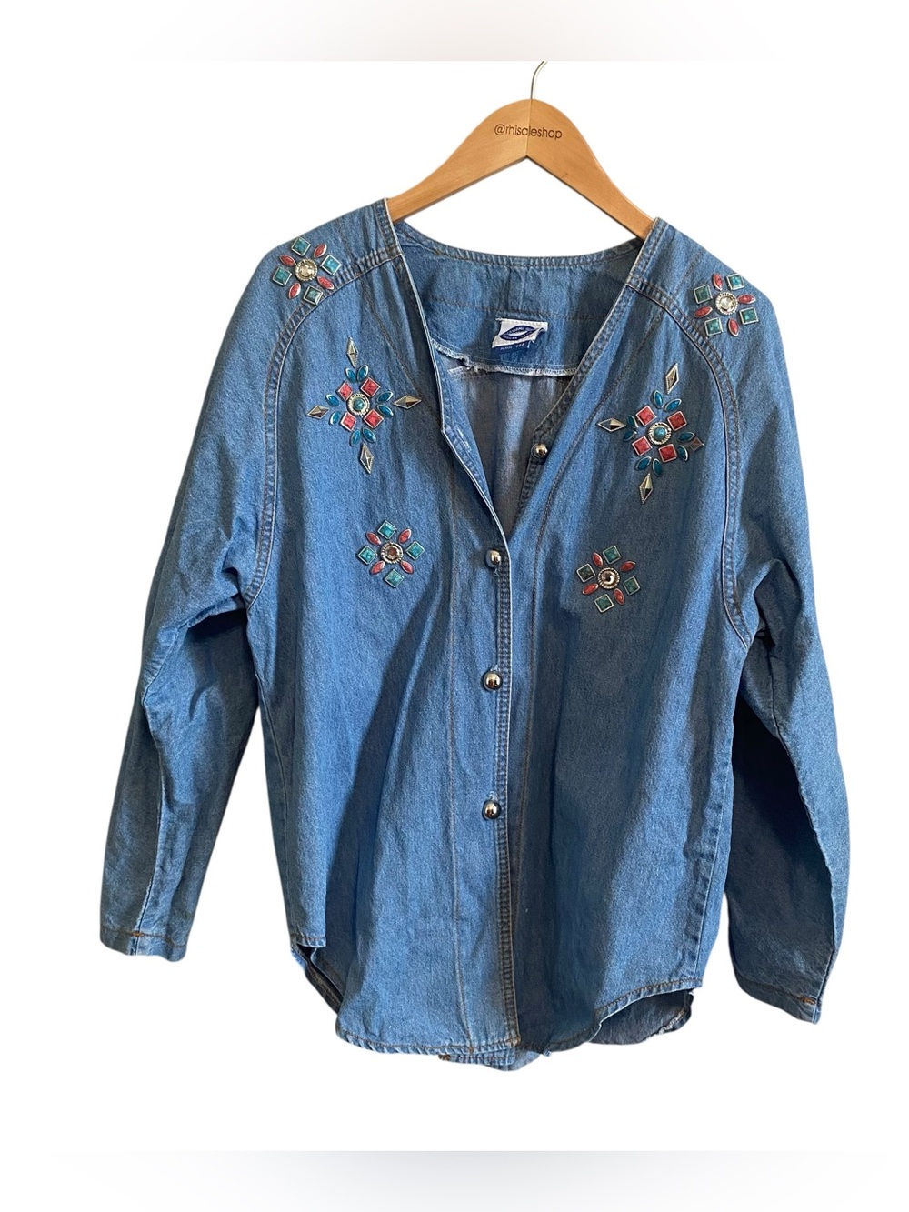 Vintage Chambray Denim Embellished Button Down Americana Size 14P
